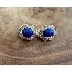 Vintage Oval Faux Lapis and Crystal Earrings Clip-on Blue Cabochon